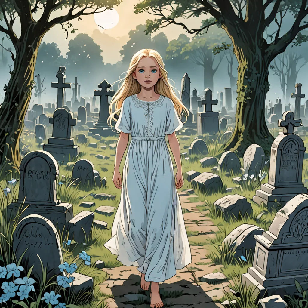 a little girl in a dress walking through a cemetery with graves and trees in the background and a full moon in the sky, gothic art, a comic book panel, Edgar Ainsworth, promotional image