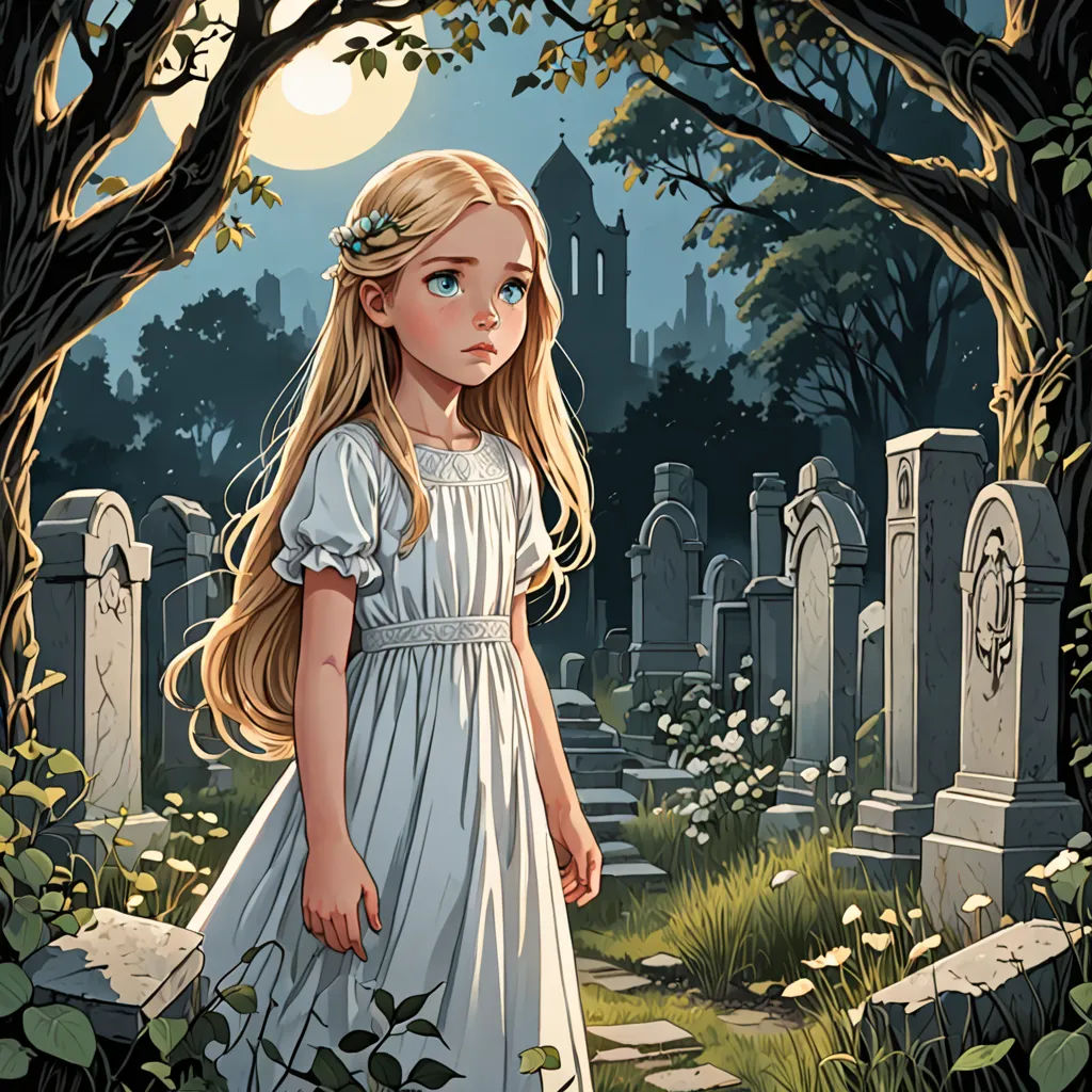 a little girl in a white dress standing in a cemetery with a full moon in the background and a cemetery with gravestones, gothic art, a storybook illustration, Edgar Ainsworth, kinkade