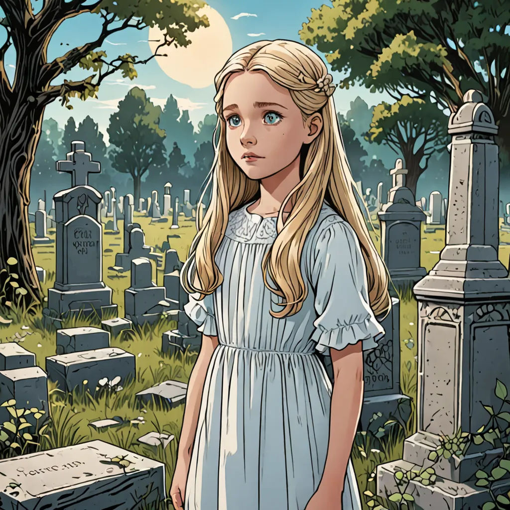 a cartoon of a girl in a dress standing in a cemetery with a full moon in the background and a cemetery with gravestones, gothic art, a comic book panel, Edgar Ainsworth, comic cover art