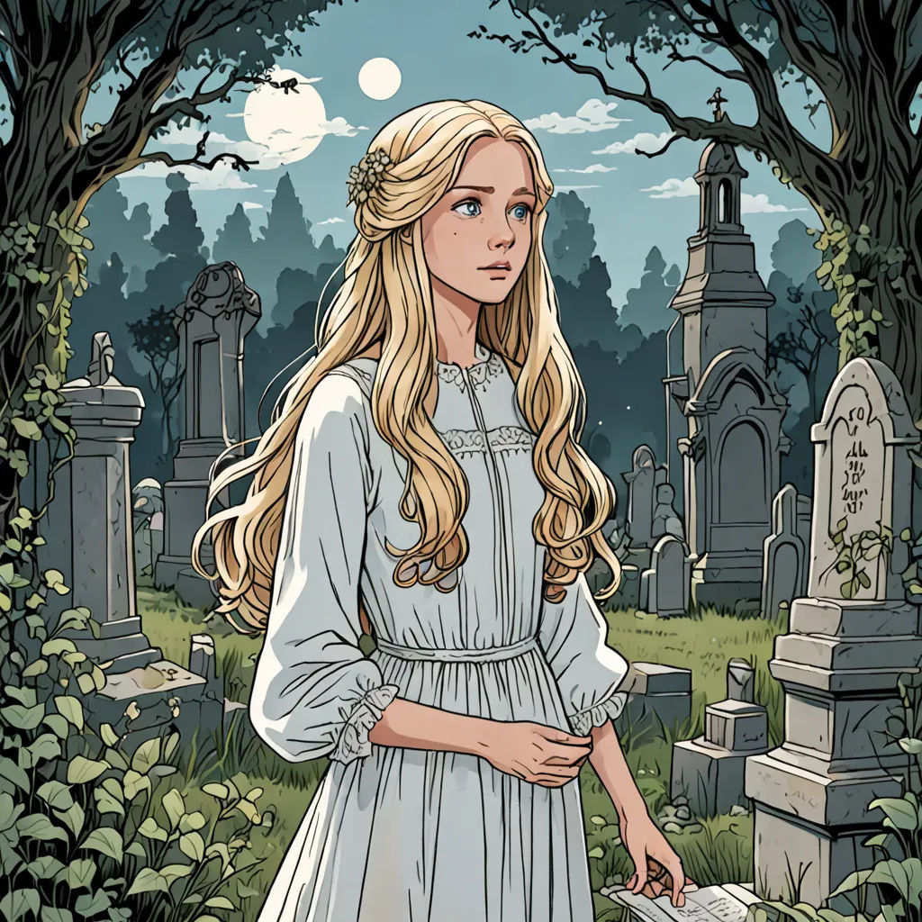 a woman in a white dress standing in a cemetery with a book in her hand and a full moon in the background, gothic art, a character portrait, Edgar Ainsworth, graphic novel