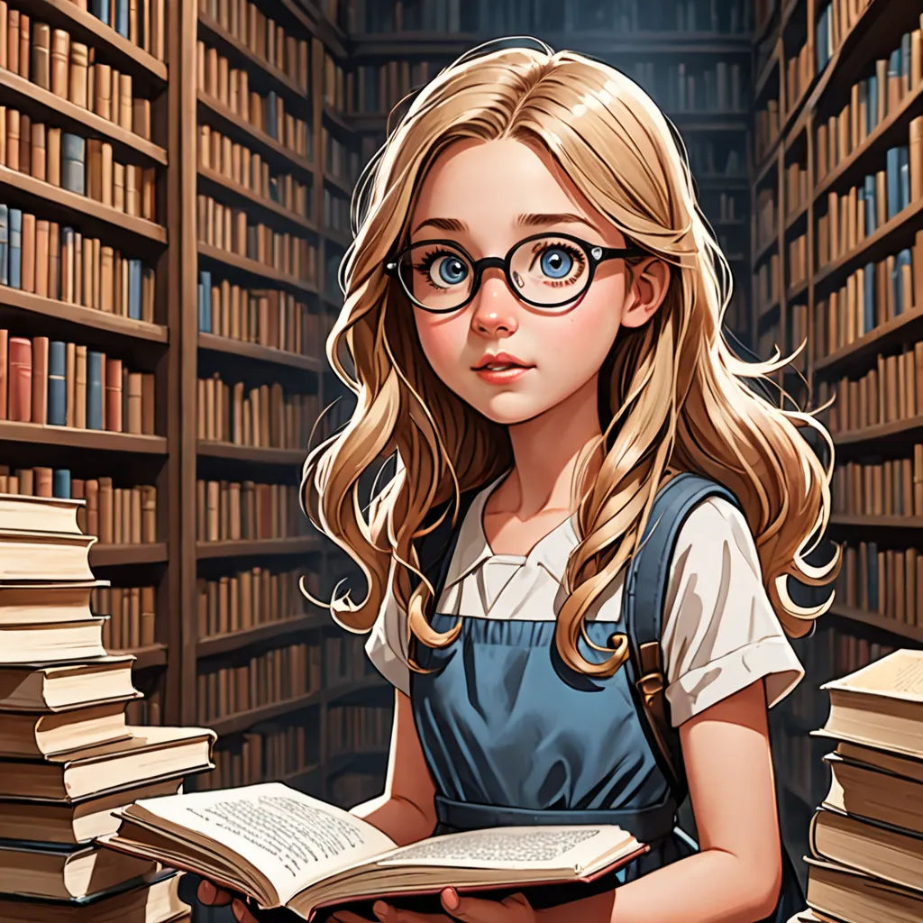 a girl in a library with a book in her hands and a stack of books behind her, with a bookcase in the background, fantasy art, a storybook illustration, Charlie Bowater, rossdraws global illumination