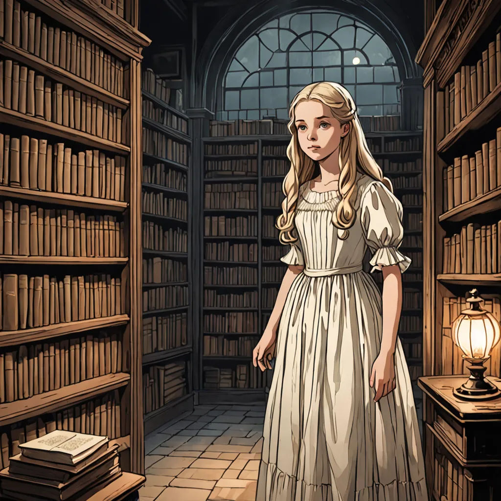a girl in a library with a lamp and bookshelves behind her, looking at the viewer from the corner, gothic art, a storybook illustration, Clarice Beckett, official art