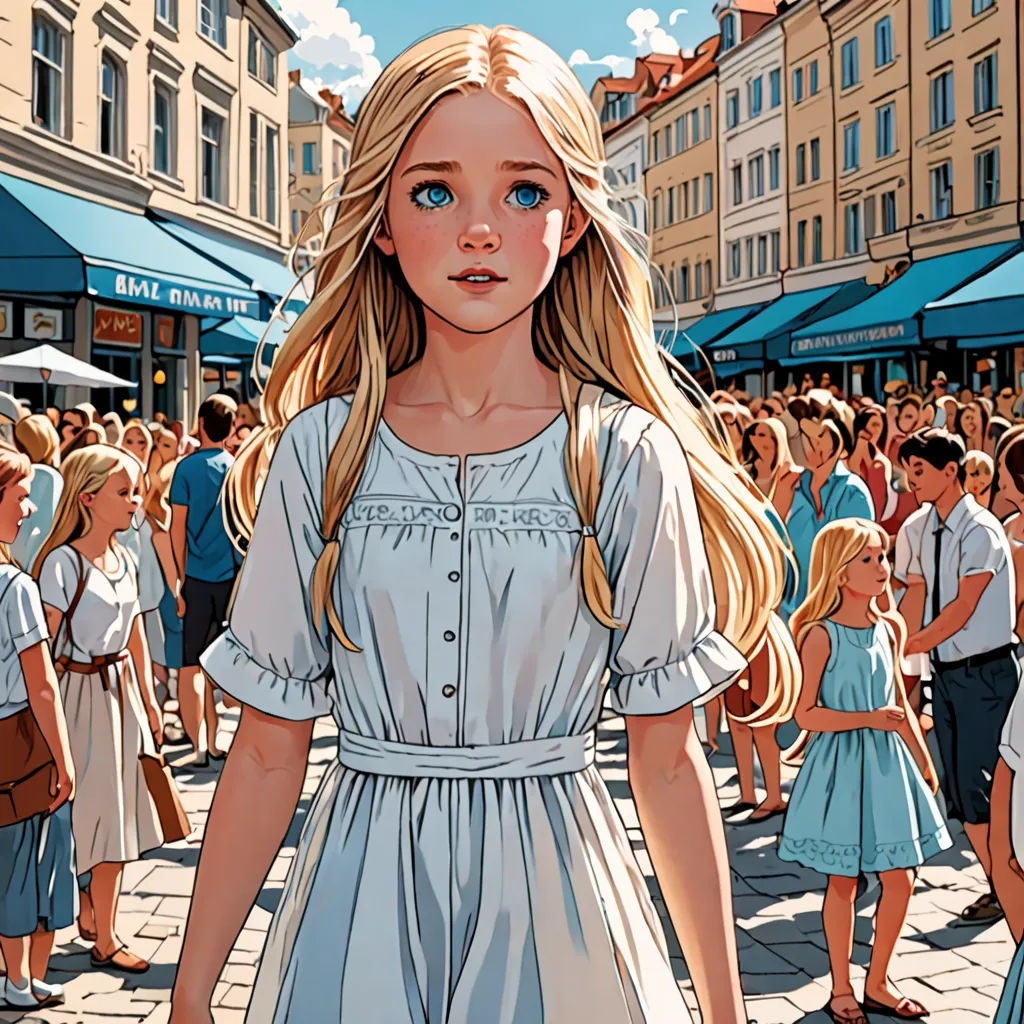 a painting of a girl in a dress walking down a street with a crowd of people in the background, magical realism, a comic book panel, Barron Storey, rossdraws global illumination