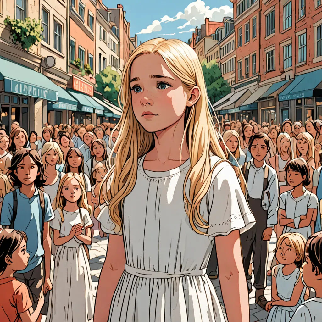a girl in a white dress standing in front of a crowd of people in a city street with buildings, symbolism, a comic book panel, Asaf Hanuka, rossdraws global illumination