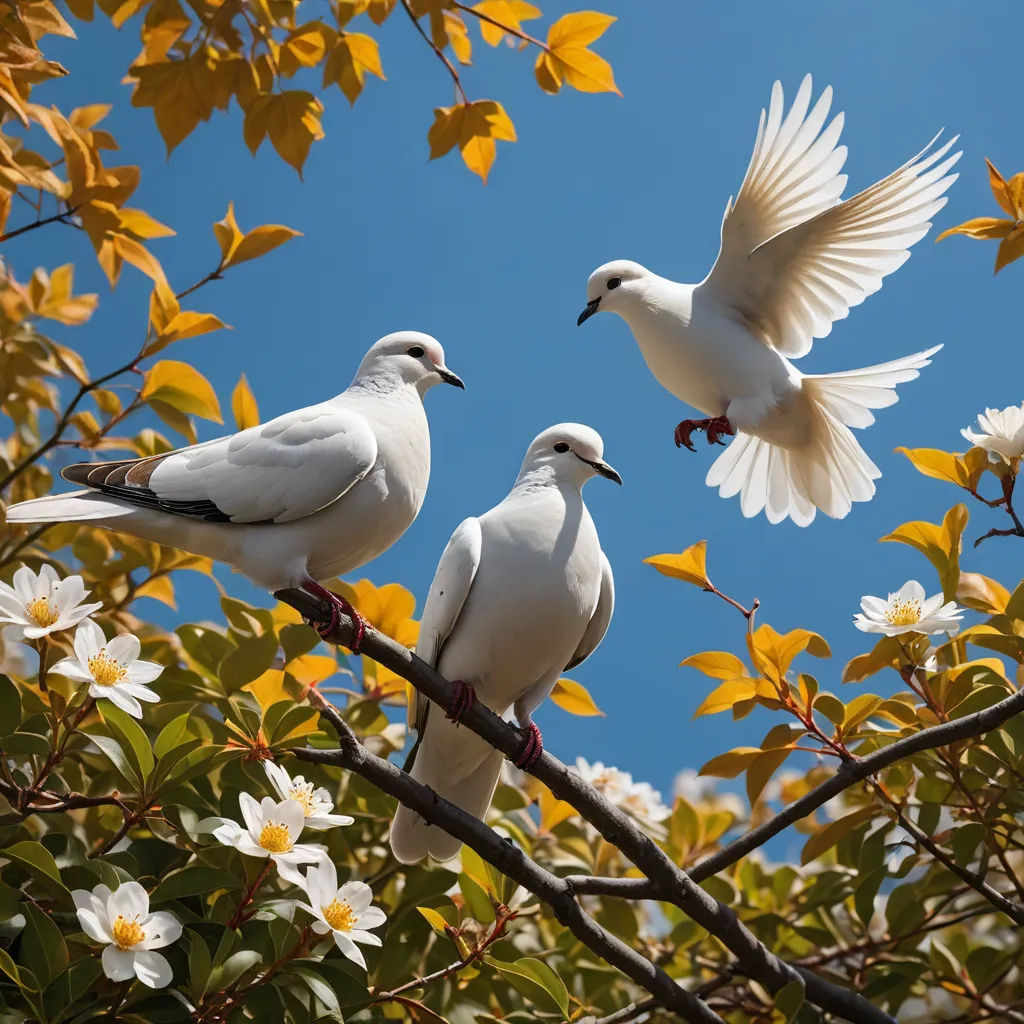 two white birds sitting on a branch with yellow flowers in the background and a blue sky in the background, naturalism, a stock photo, Bernd Fasching, birds
