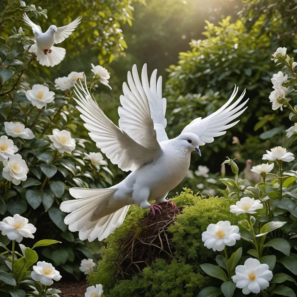 a white bird flying over a nest in a garden filled with flowers and plants and trees in the background, naturalism, a digital rendering, Derold Page, birds