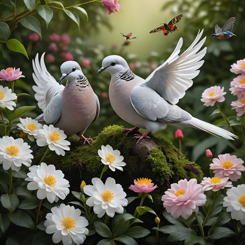 two birds sitting on a mossy branch surrounded by flowers and butterflies, with a butterfly flying above them, art photography, an airbrush painting, David Martin, highly detailed digital painting
