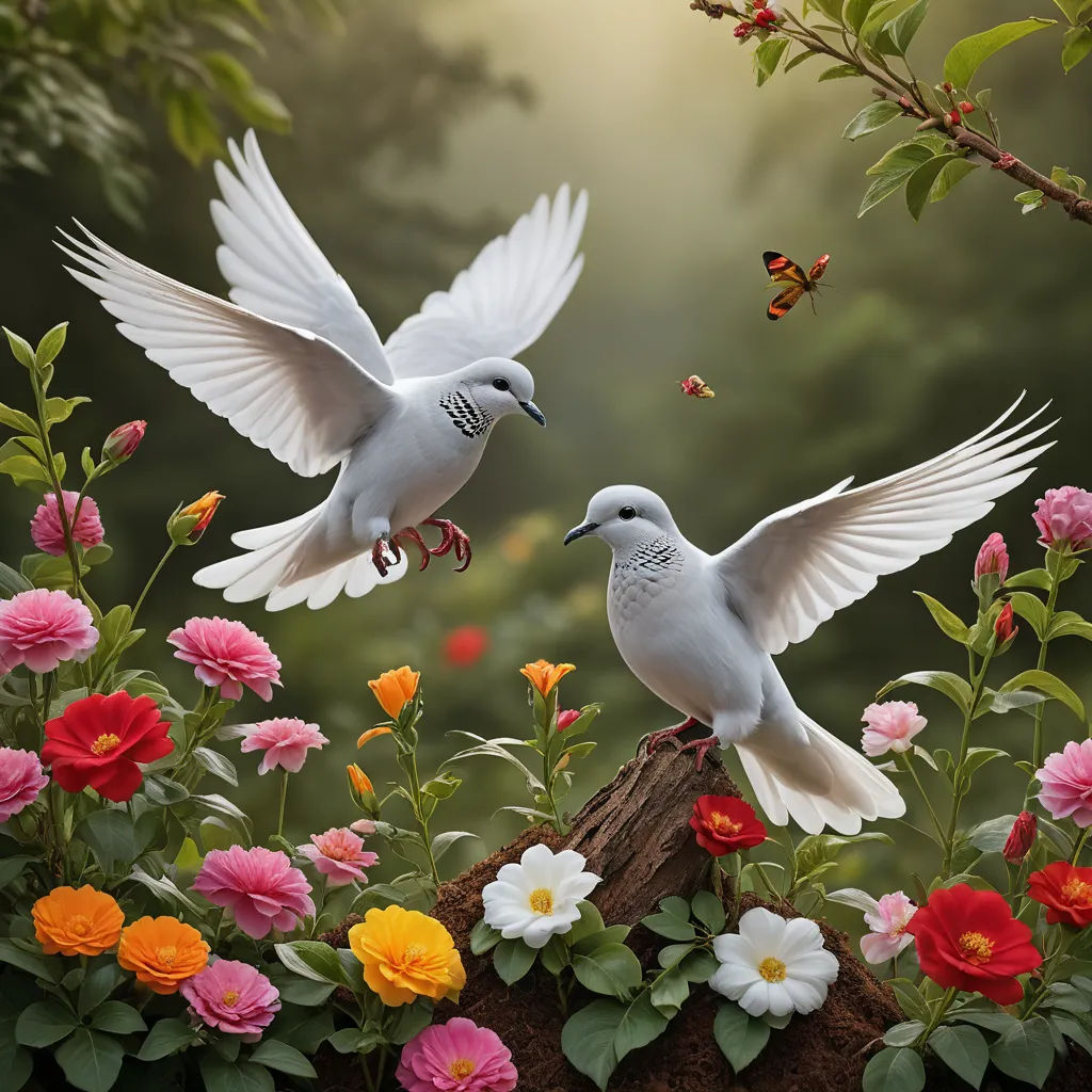 two white birds flying over a flower garden with a butterfly in the air and a butterfly in the air, art photography, a digital painting, David Martin, birds