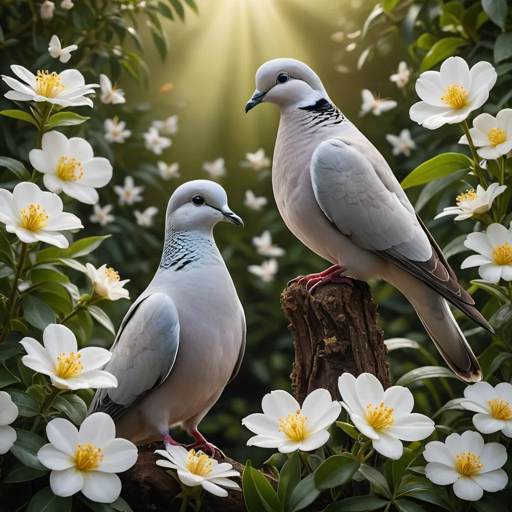 two birds are perched on a tree stump surrounded by flowers and leaves with the sun shining through the leaves, art photography, a stock photo, Bernd Fasching, birds