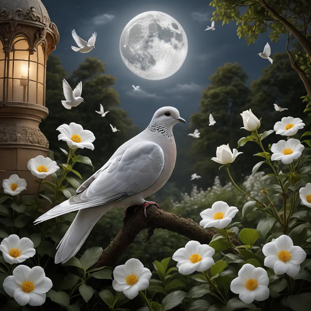 a white bird sitting on a branch in a garden with white flowers and a full moon in the background, magic realism, a detailed matte painting, David Martin, highly detailed digital painting