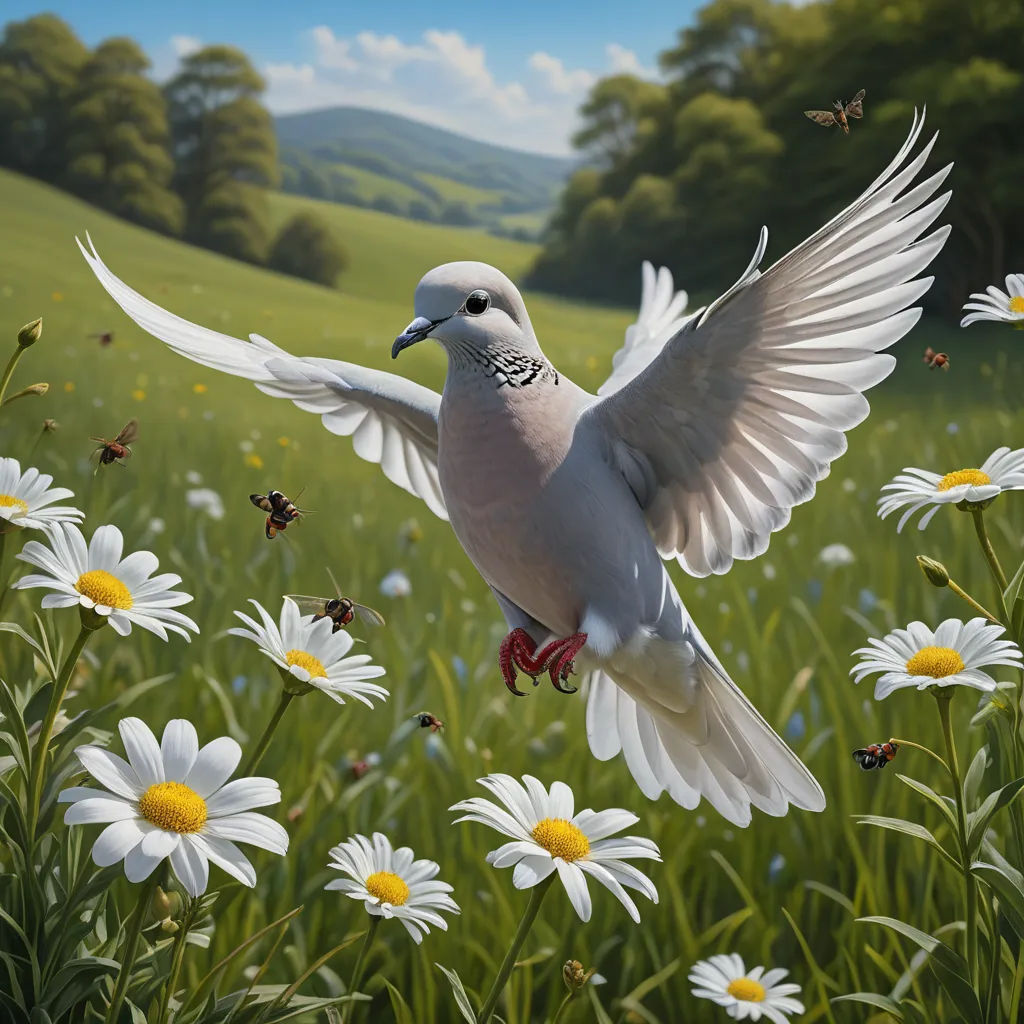 a white bird flying over a field of white flowers and daisies with a mountain in the background with a blue sky, fantastic realism, an airbrush painting, David A Hardy, highly detailed digital painting