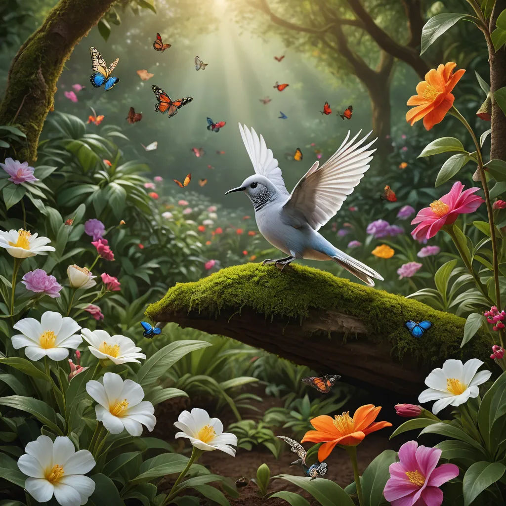 a bird flying over a lush green forest filled with flowers and butterflies, with a sunbeam in the background, magic realism, a detailed matte painting, Chris LaBrooy, highly detailed digital painting