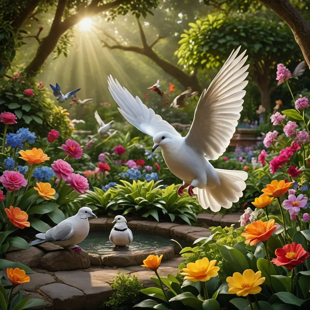 a white bird flying over a garden filled with flowers and birds next to a pond of water with a sun shining through the trees, magic realism, a detailed matte painting, Derold Page, highly detailed digital painting