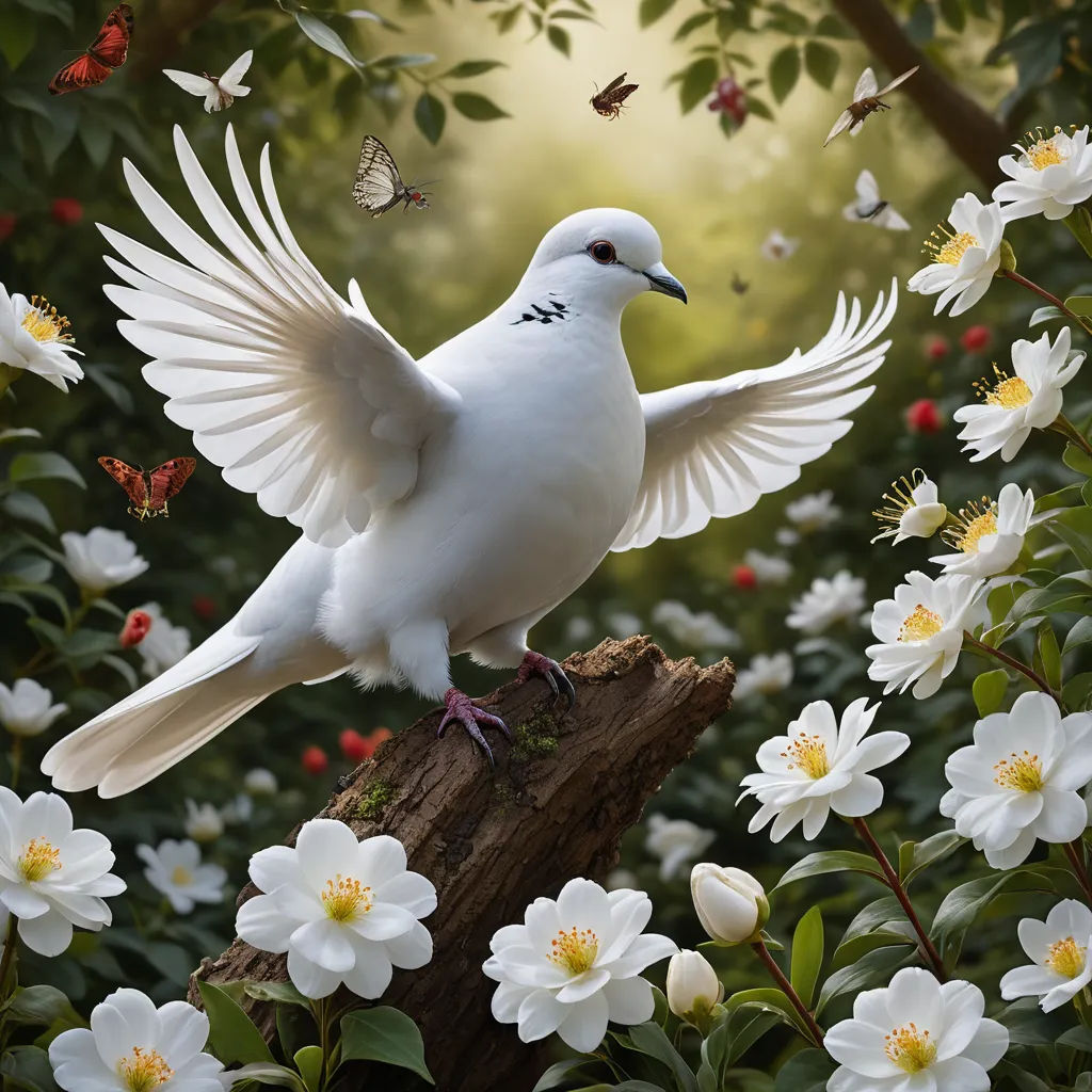 a white bird with its wings spread out on a branch surrounded by white flowers and butterflies in the background, magic realism, a digital painting, Derold Page, highly detailed digital painting