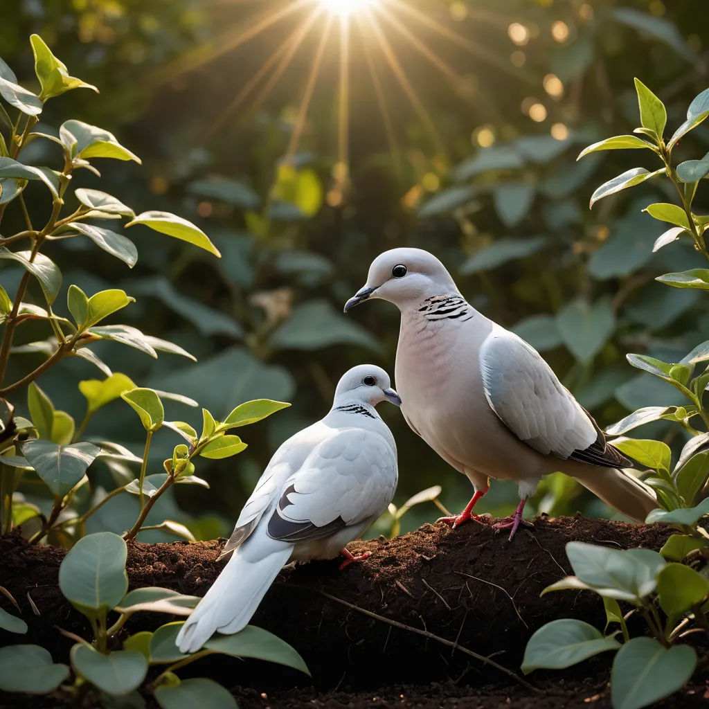 two white birds are perched on a branch in the sun light, with leaves surrounding them, and a sunburst in the background, naturalism, a stock photo, Bernd Fasching, birds