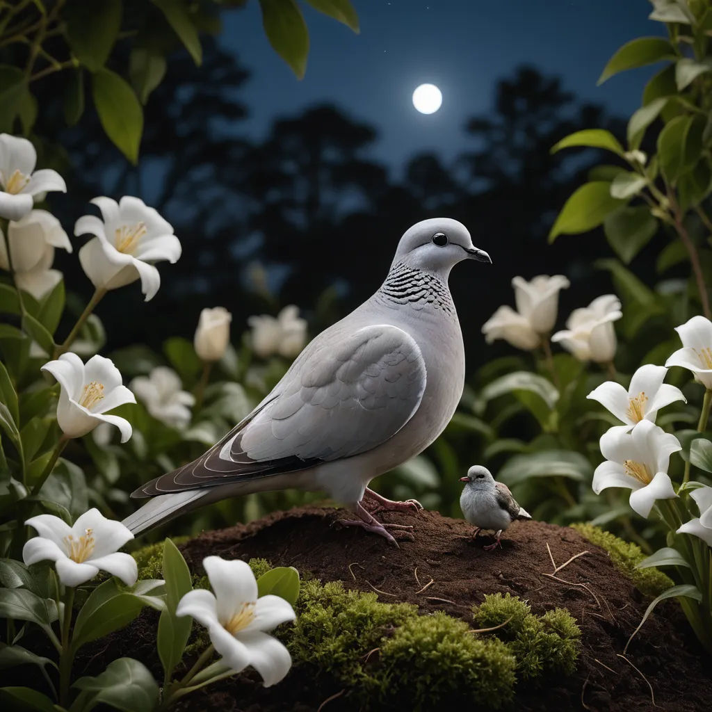 a bird and its baby are sitting on a rock in a garden with flowers and a full moon in the background, art photography, a storybook illustration, David Martin, award winning photograph
