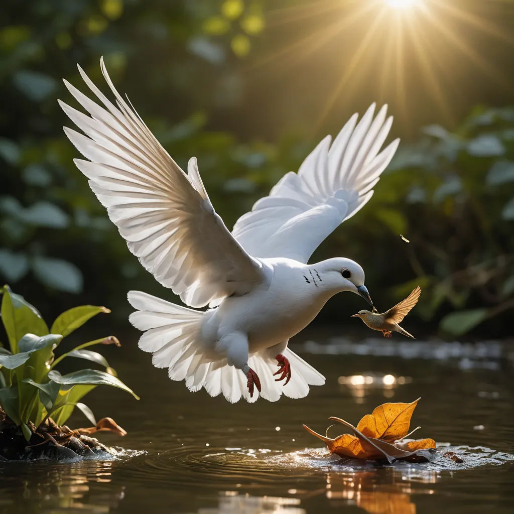 a white bird flying over a body of water with a leaf in it's mouth and a sun shining in the background, art photography, a photorealistic painting, Bernd Fasching, birds