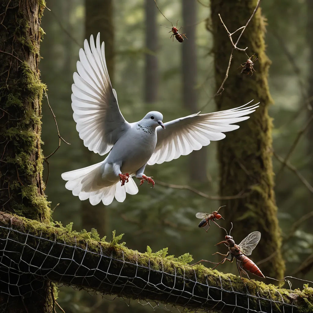 a white bird flying over a forest filled with trees and grass covered ground with a net on the ground, ecological art, a matte painting, Chris LaBrooy, award-winning photograph