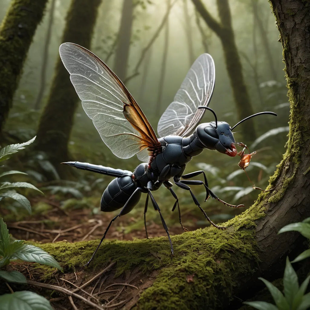 a bug with a large body and wings in the woods with moss and trees around it, with a light shining on the ground, fantasy art, a 3D render, Dirk Crabeth, ultra realistic digital art