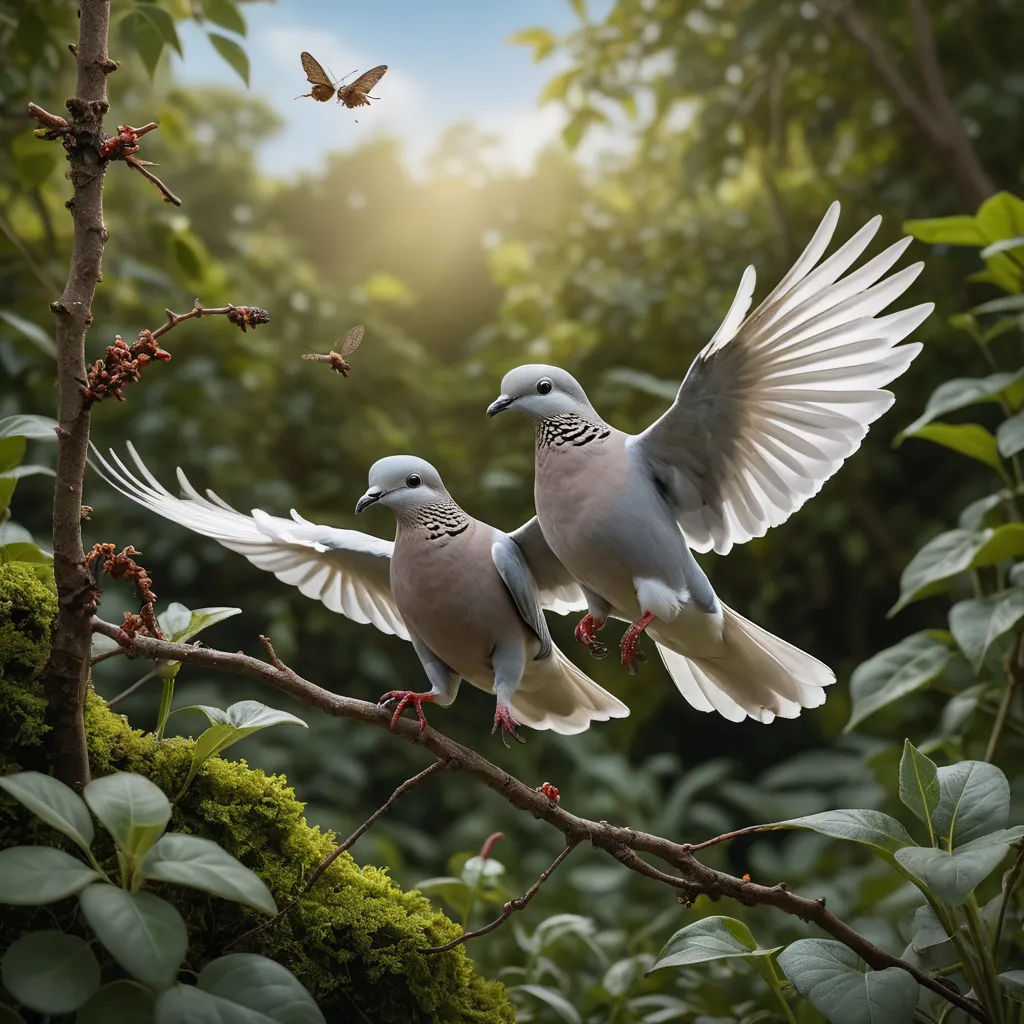 two birds are perched on a branch in the forest with a butterfly flying above them and a butterfly flying above them, art photography, a photorealistic painting, Bernd Fasching, birds