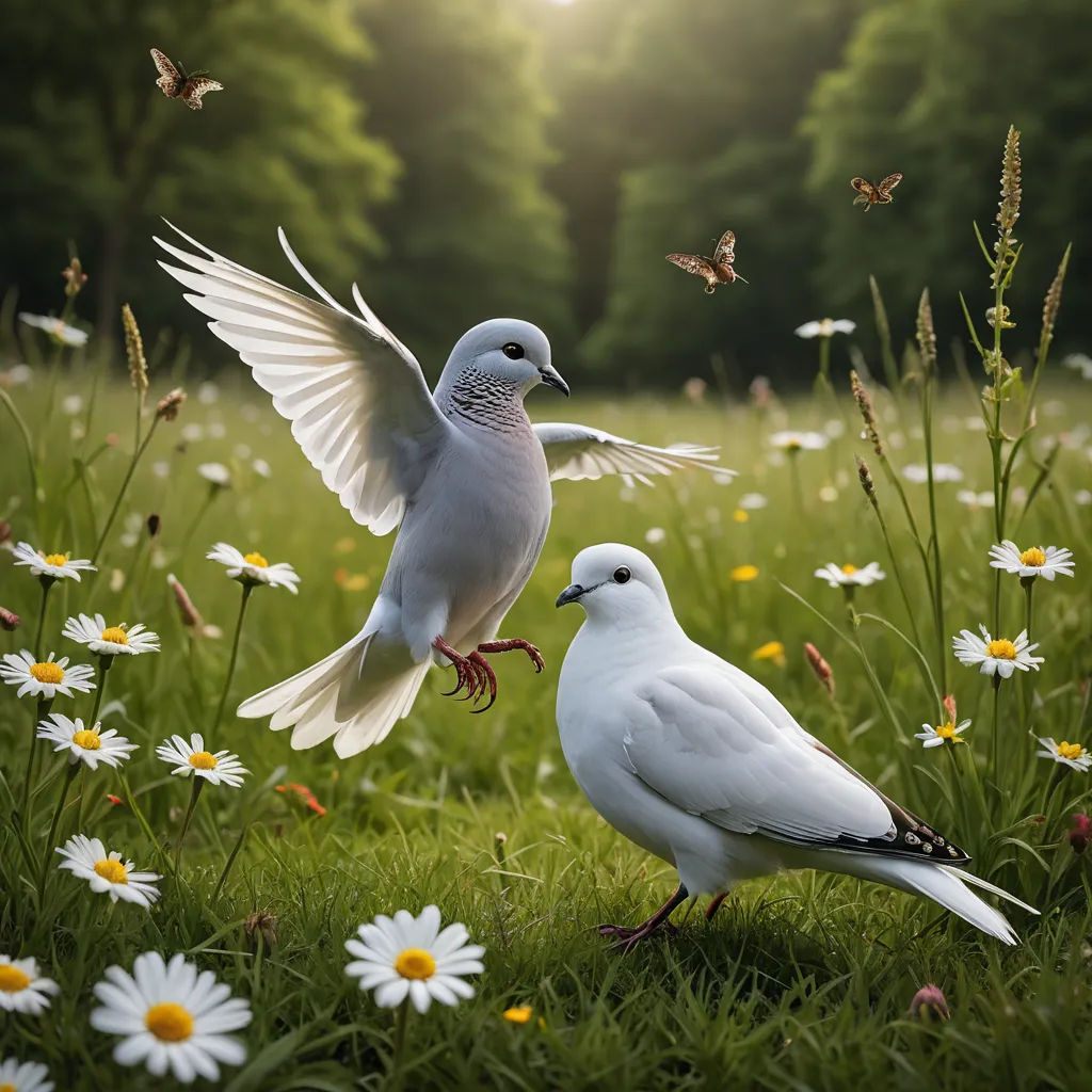 two white birds standing on a field of grass and daisies with a butterfly flying above them and a forest of trees in the background, naturalism, a stock photo, Bernd Fasching, birds