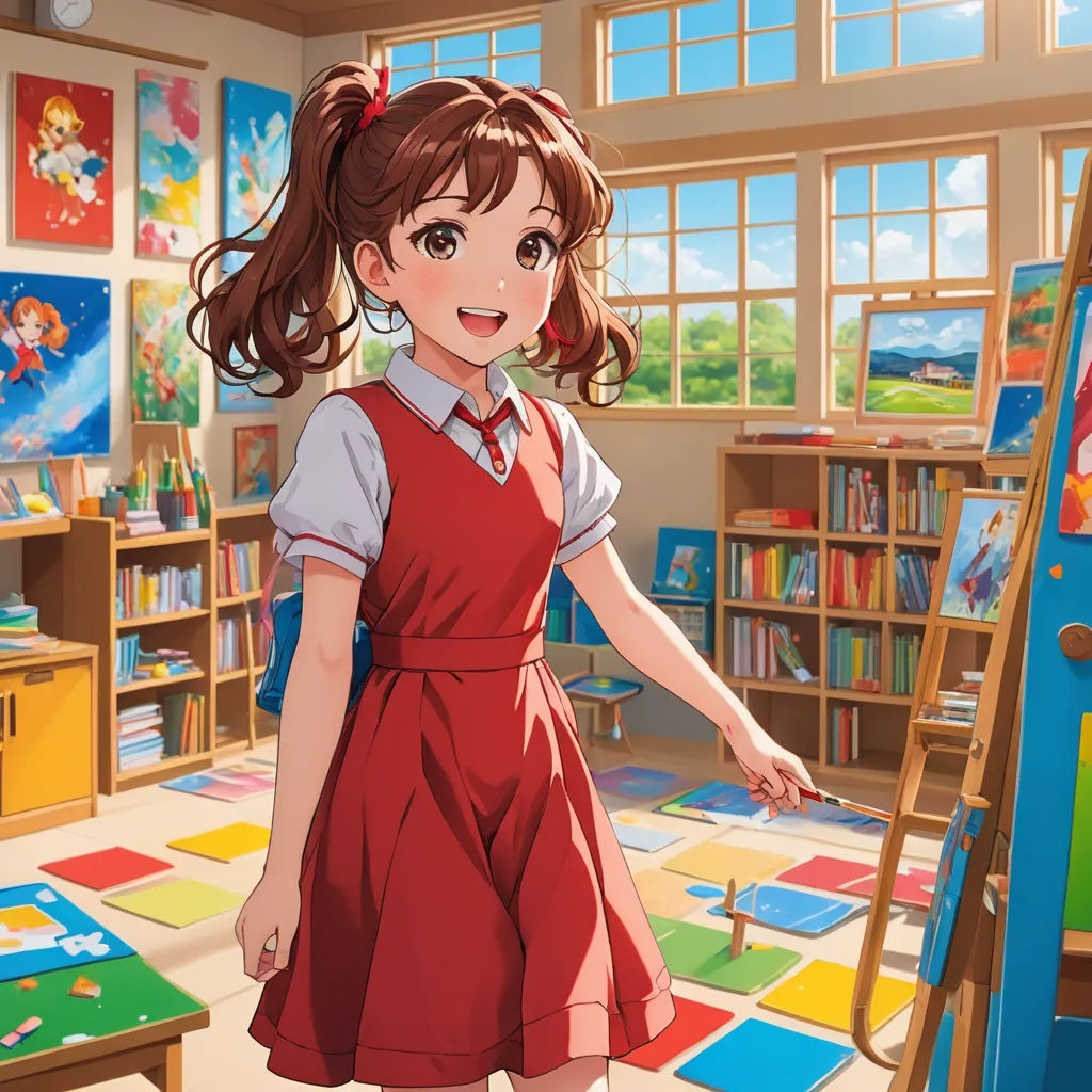a girl in a red dress is standing in a room with a easel and a painting on the floor, american scene painting, a detailed painting, artist, official art
