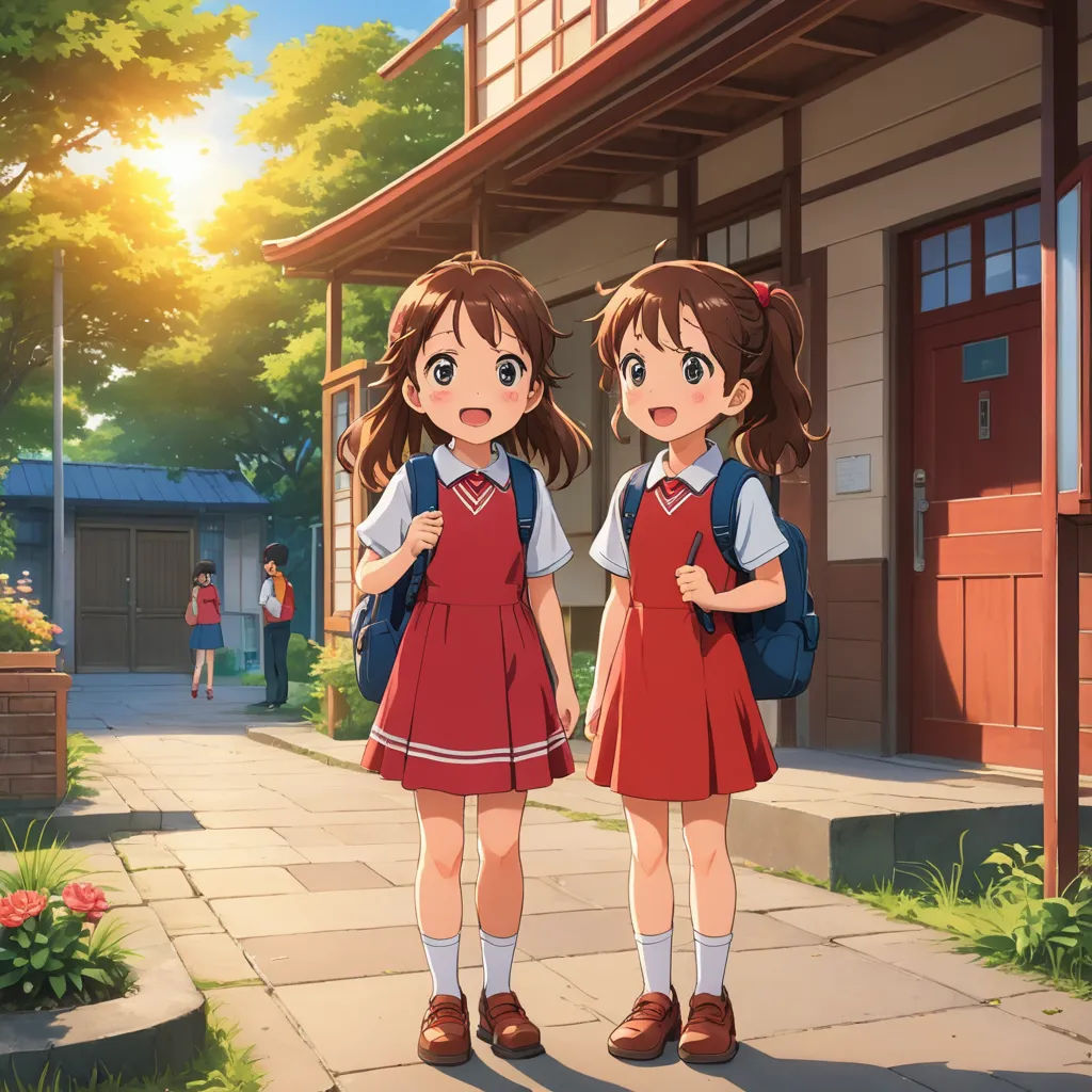 two young girls standing in front of a building with a girl in a red dress and a girl in a blue dress, rayonism, a detailed matte painting, Ay-O, official art