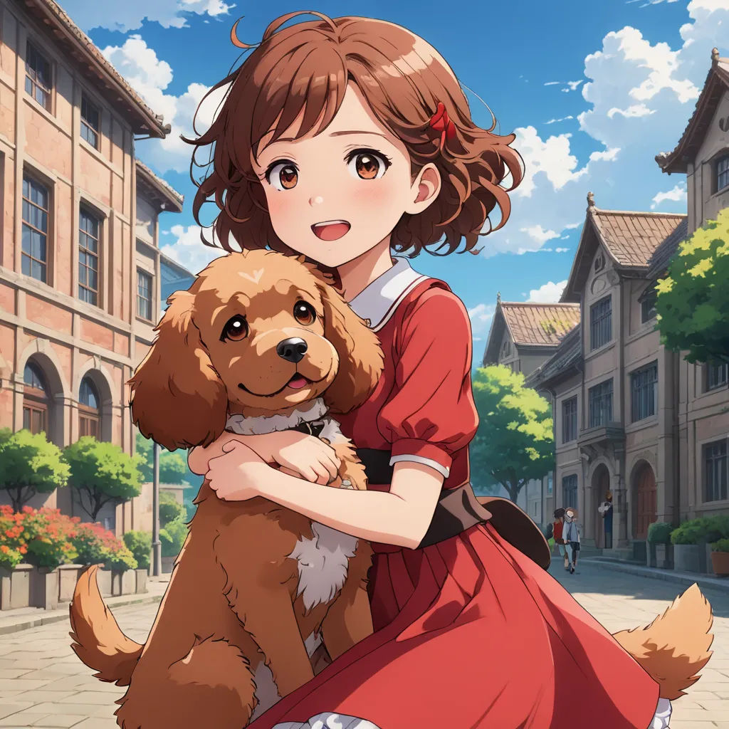 a girl in a red dress holding a brown dog in her arms in front of a building with a sky background, american scene painting, concept art, Anne Said, official art