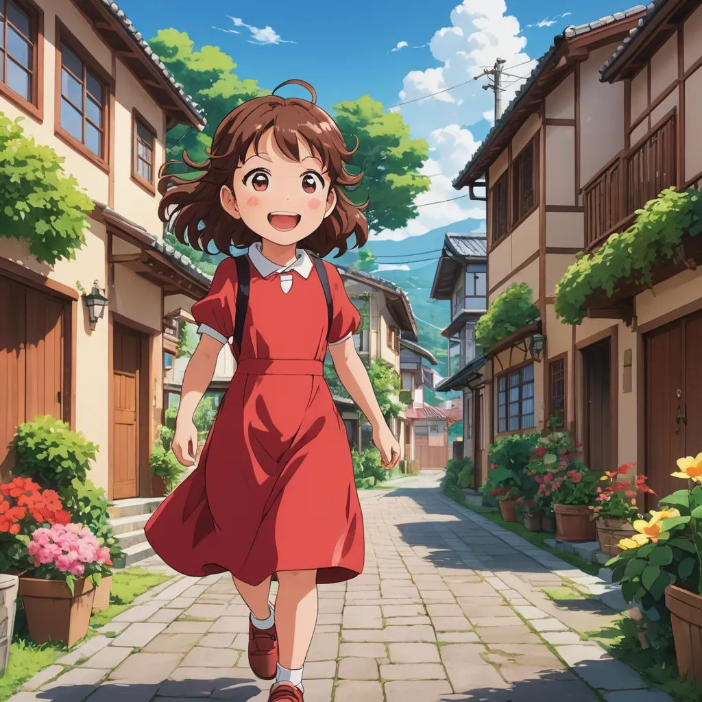 a girl in a red dress walking down a street in a village with flowers and buildings in the background, magical realism, concept art, artist, official art