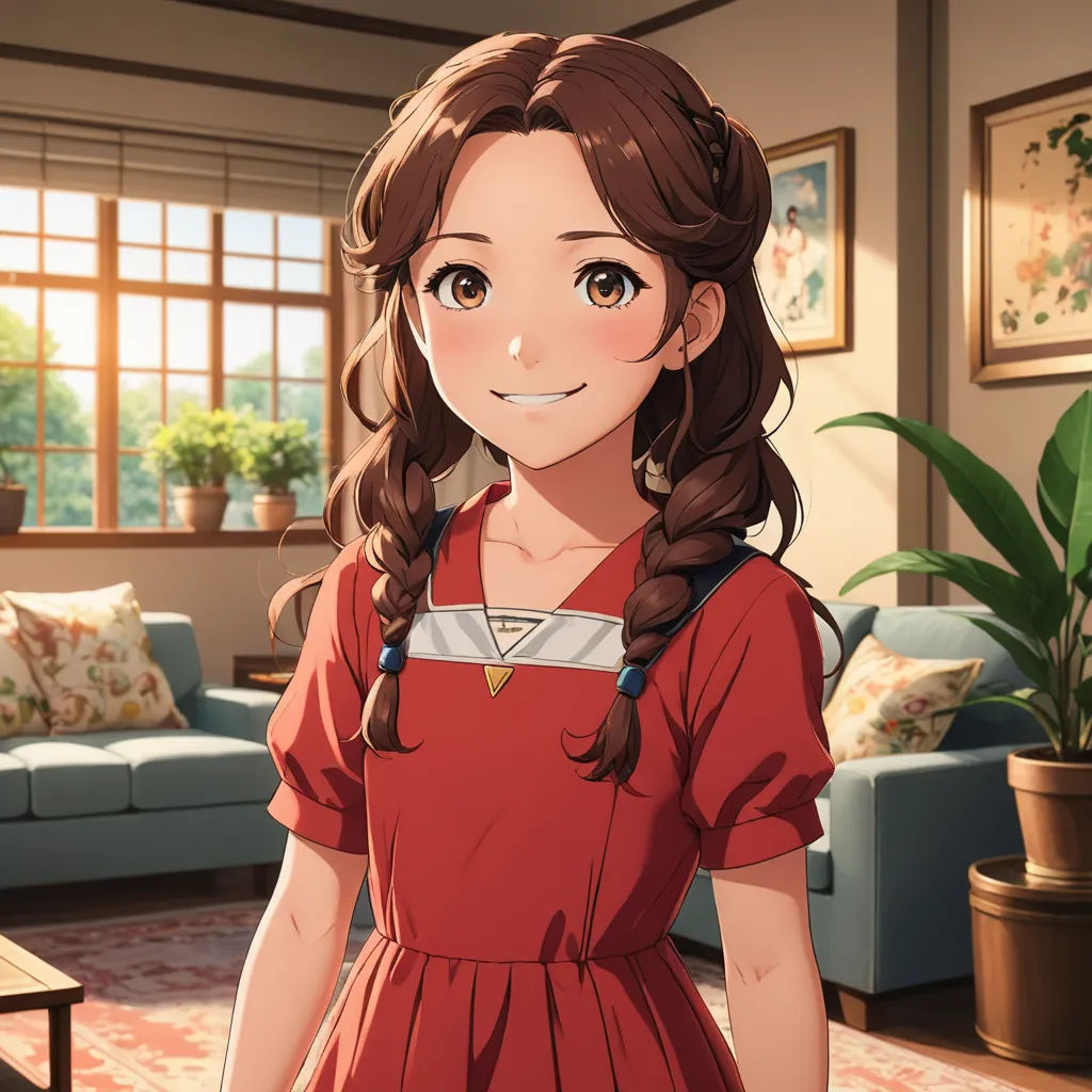 a girl in a red dress standing in a living room with a couch and a table in front of her, sots art, a character portrait, Anne Said, official art