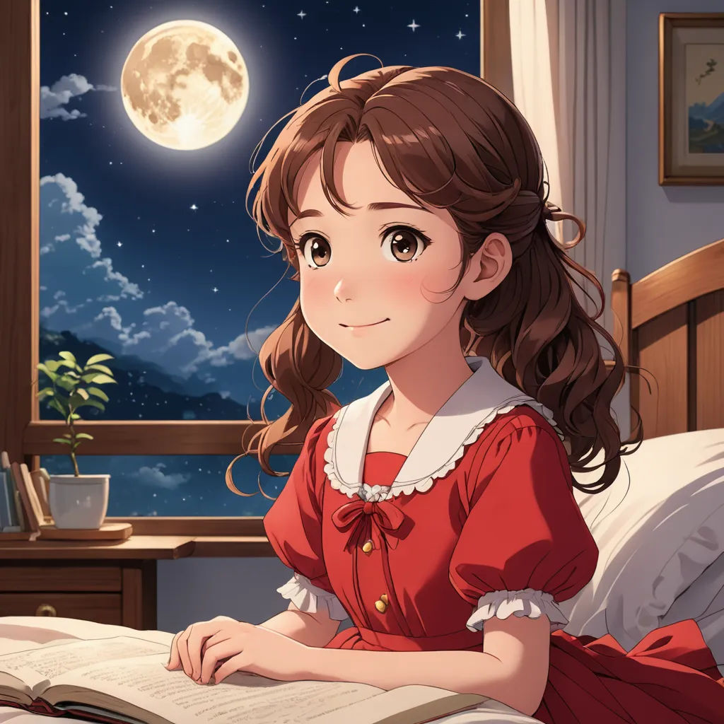 a girl in a red dress reading a book in bed at night with the moon in the sky above her, remodernism, a character portrait, Ayako Rokkaku, official art