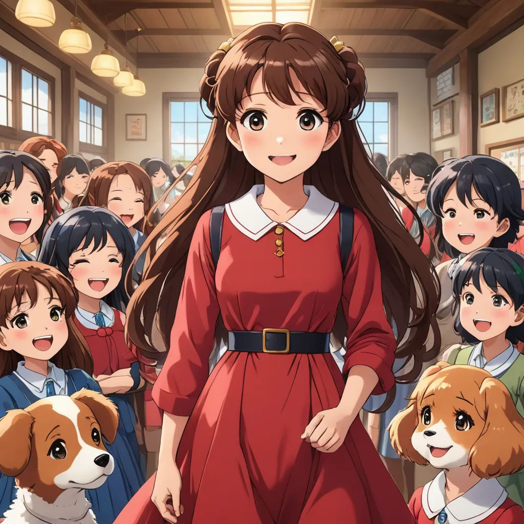 a woman in a red dress standing in front of a group of children and dogs in a classroom with a dog on the floor, socialist realism, an album cover, Anne Said, official art