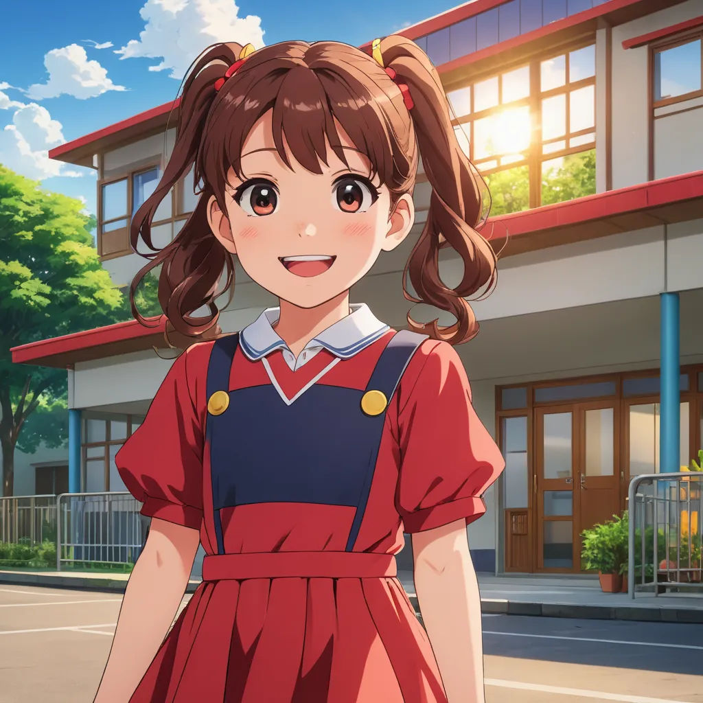 a girl in a red dress standing in front of a building with a red roof and a red and white building, rayonism, concept art, Ai-Mitsu, official art