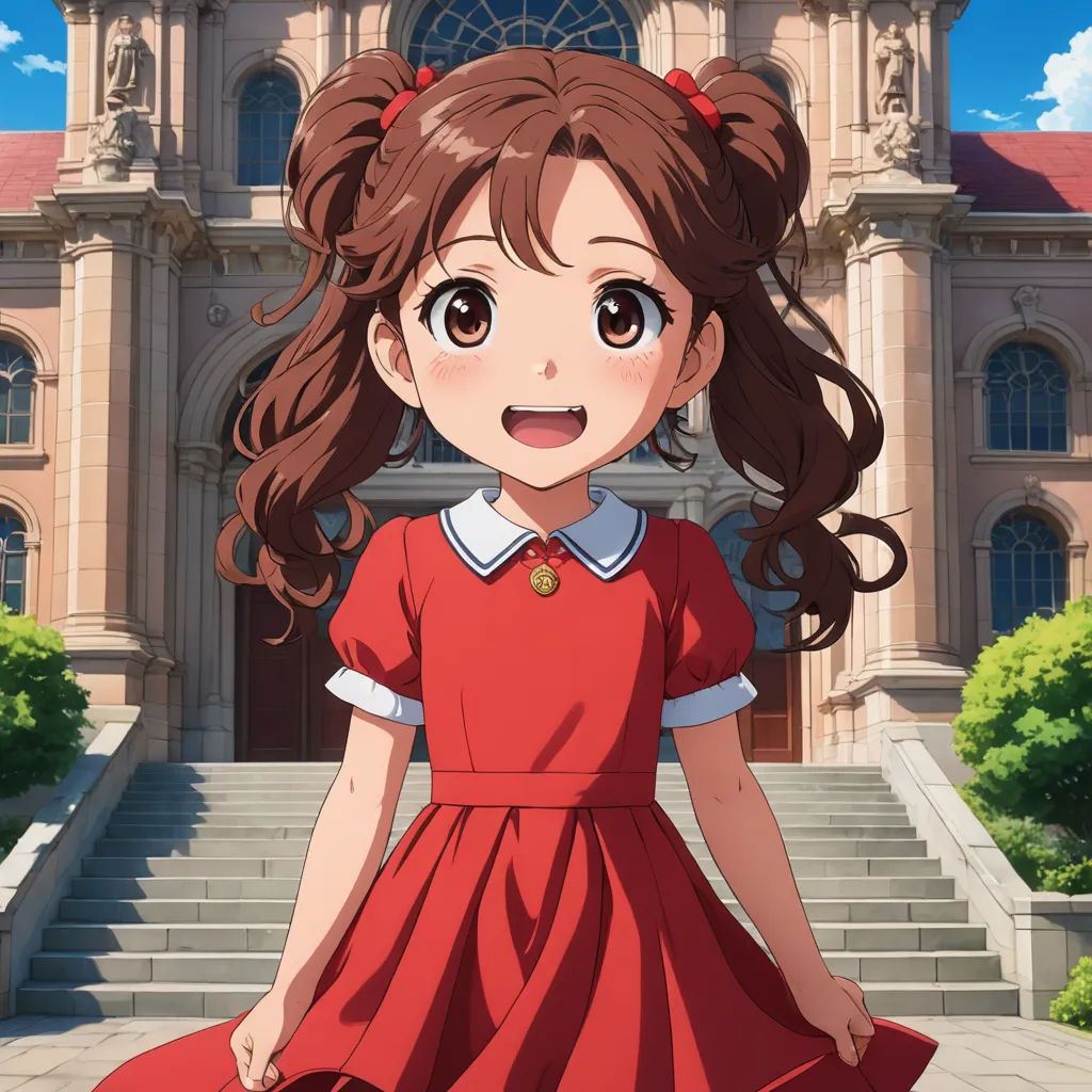 a girl in a red dress standing in front of a building with stairs and a clock tower in the background, neoclassicism, a character portrait, Chizuko Yoshida, official art