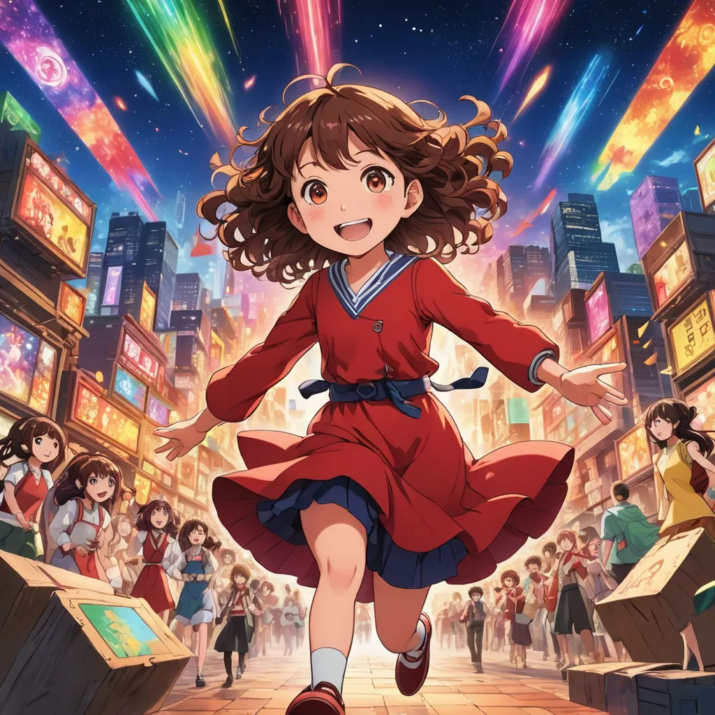 a girl in a red dress is running through a crowded city street with people watching her from the distance, rayonism, poster art, Ayako Rokkaku, official art