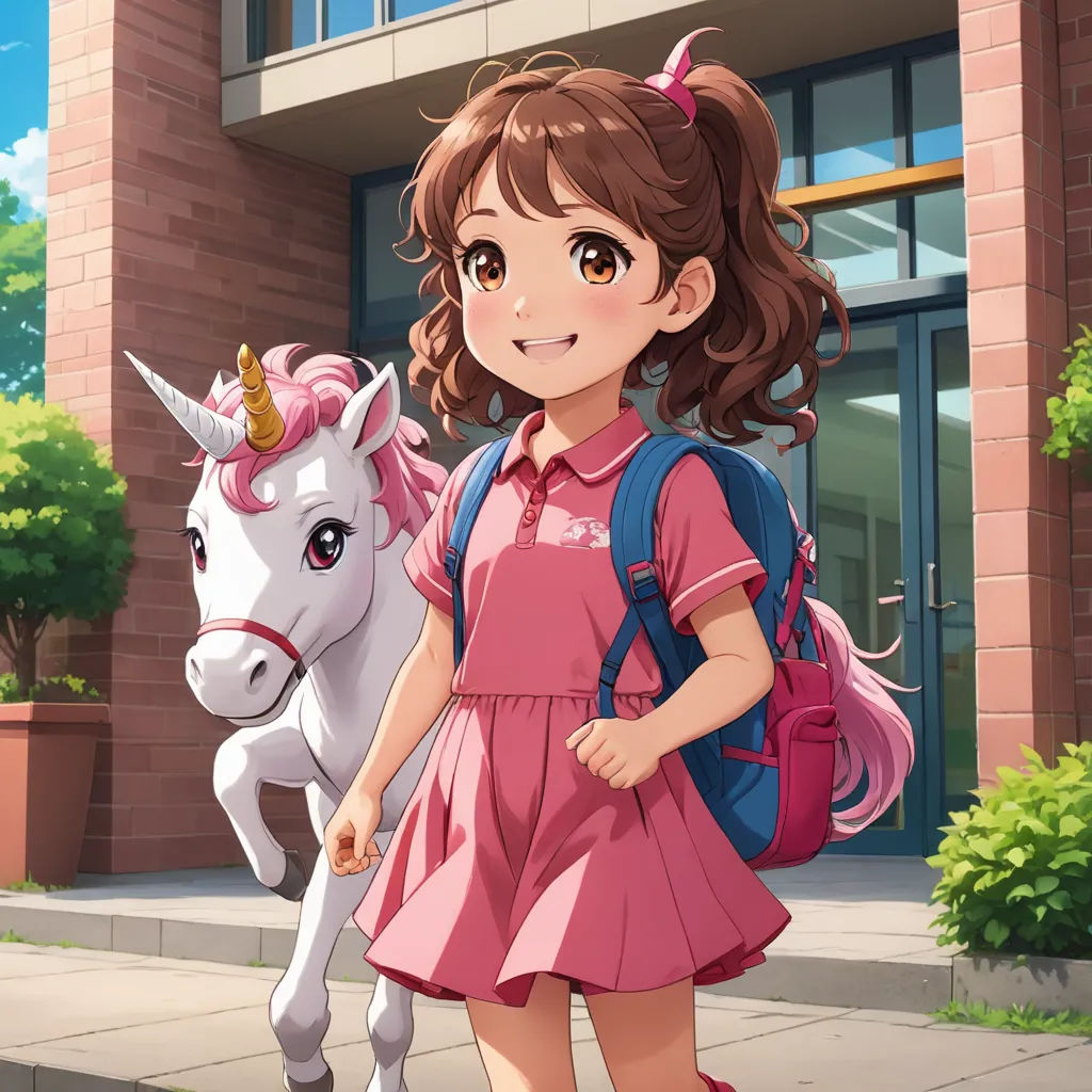 a girl in a pink dress is walking a unicorn horse in front of a building with a pink backpack, rayonism, an ultrafine detailed painting, Anne Said, official art