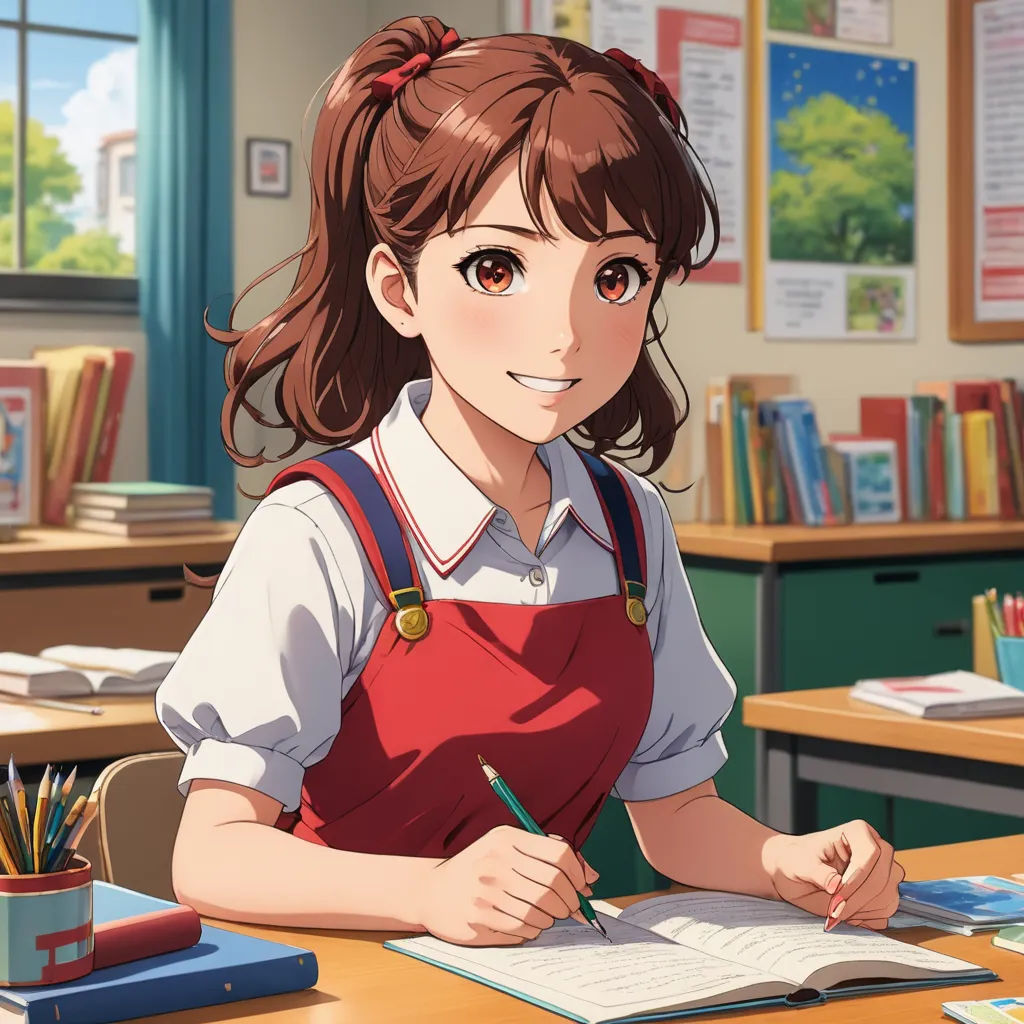 a girl in a school uniform writing on a book in a classroom with a desk full of books and a window, remodernism, concept art, Anne Said, official art
