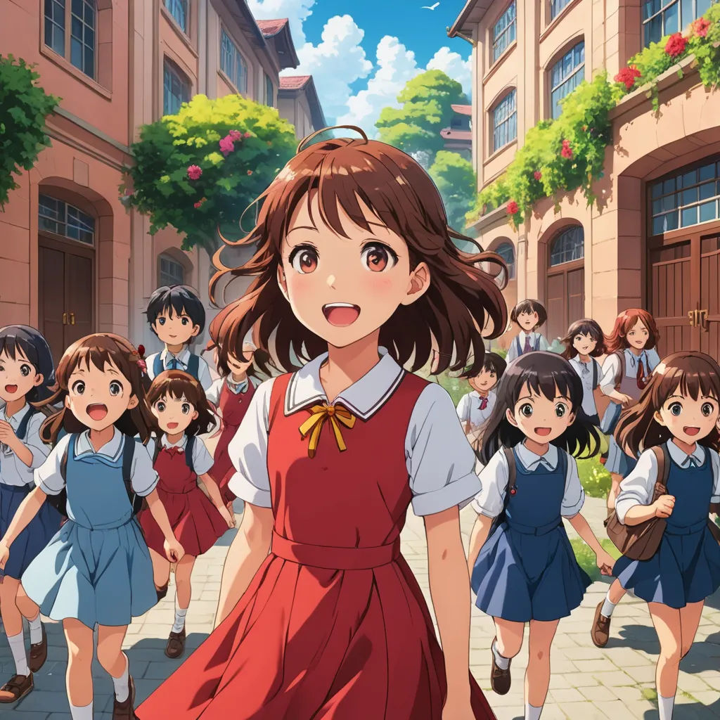 a group of girls walking down a street next to a bunch of buildings with a girl in a red dress, rayonism, an album cover, Ai-Mitsu, official art