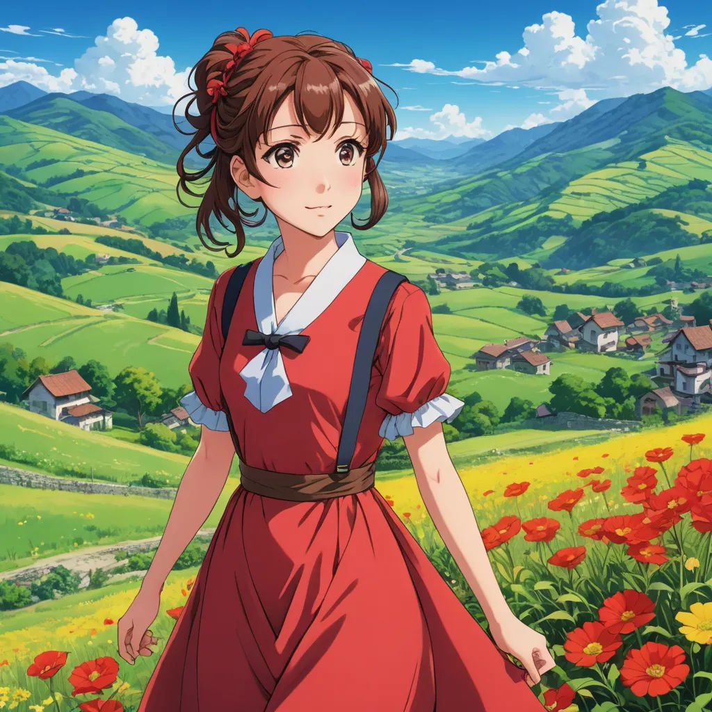 a girl in a red dress standing in a field of flowers with a village in the background and a blue sky, color field, poster art, Ai-Mitsu, official art
