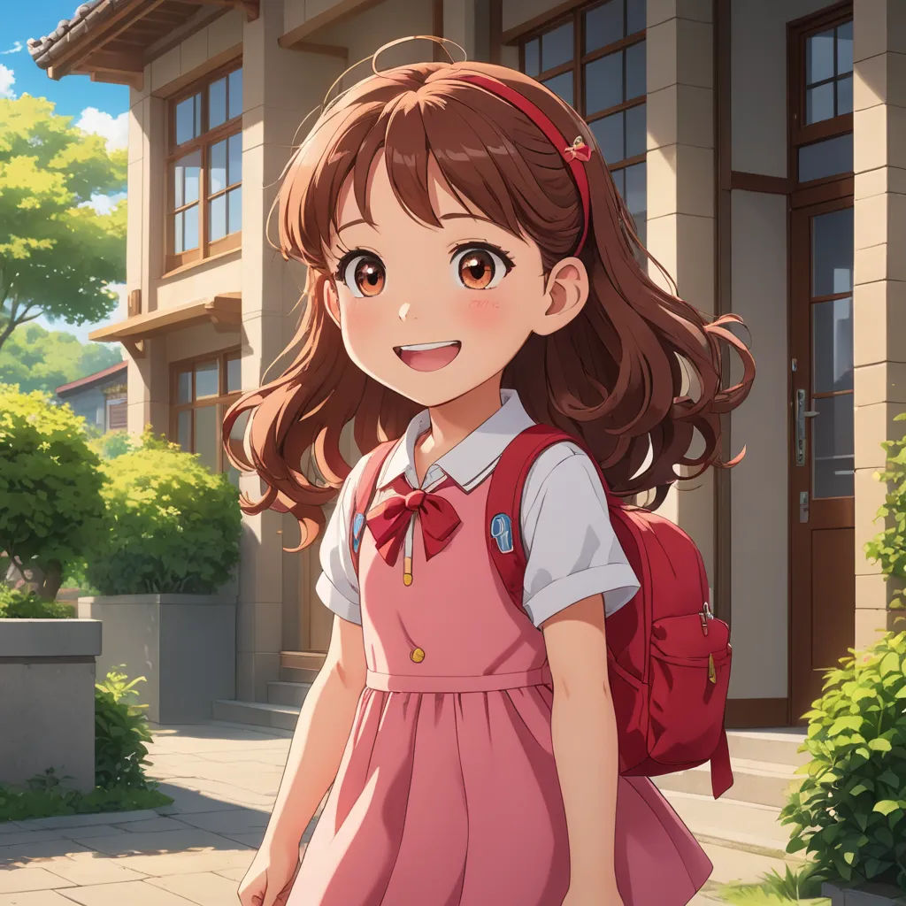 a girl in a pink dress is walking down the street with a backpack on her shoulder and a red backpack on her shoulder, rayonism, concept art, Chizuko Yoshida, official art