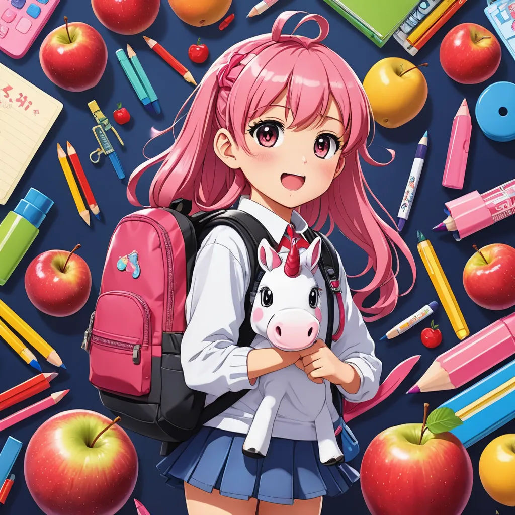 a girl with pink hair holding a pig in front of school supplies and pencils on a blue background, rayonism, a character portrait, Aya Goda, anime key visual