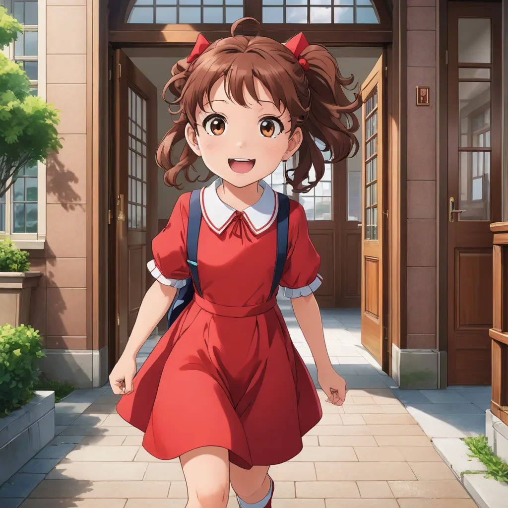 a girl in a red dress is walking down a sidewalk with a backpack on her shoulder and a red bow in her hair, rayonism, concept art, Anne Said, official art