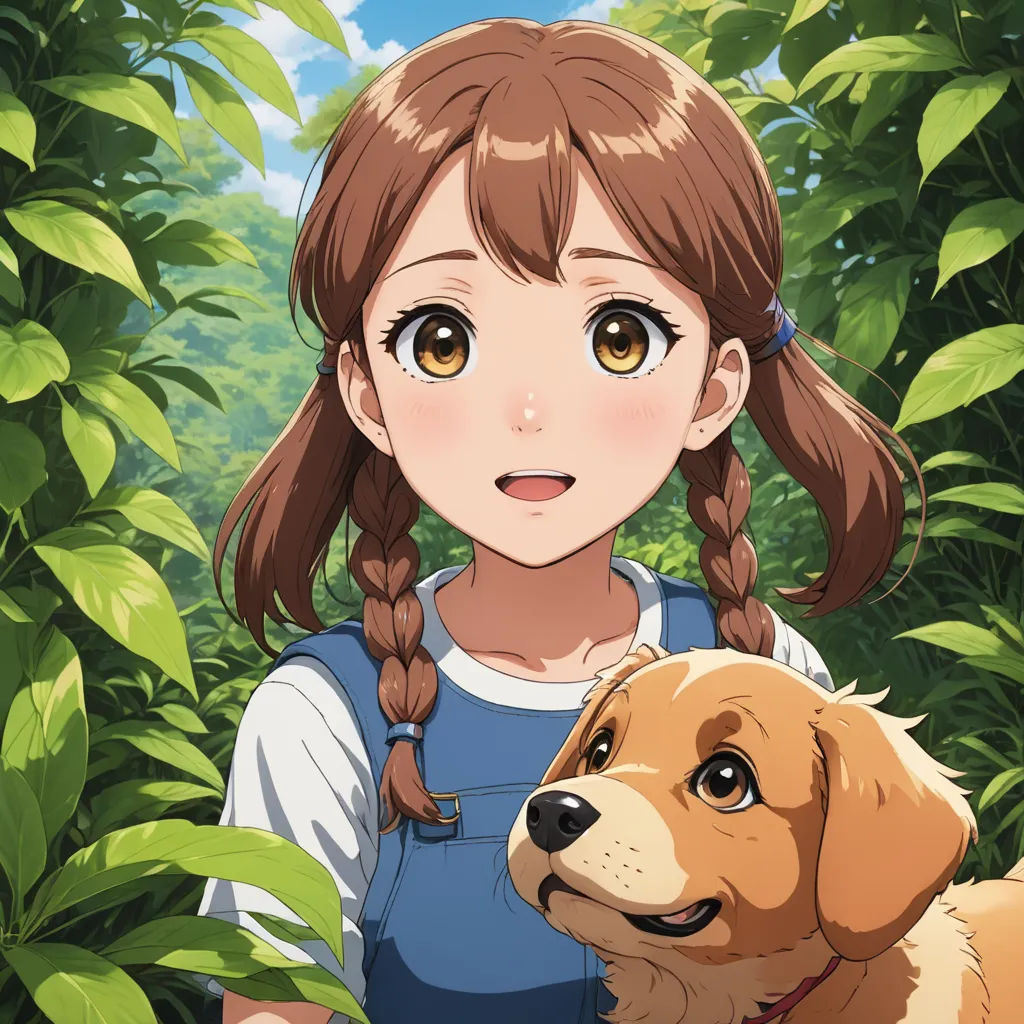 a girl and a dog in a forest with trees and bushes in the background, with a sky background, sots art, a character portrait, Chizuko Yoshida, official art