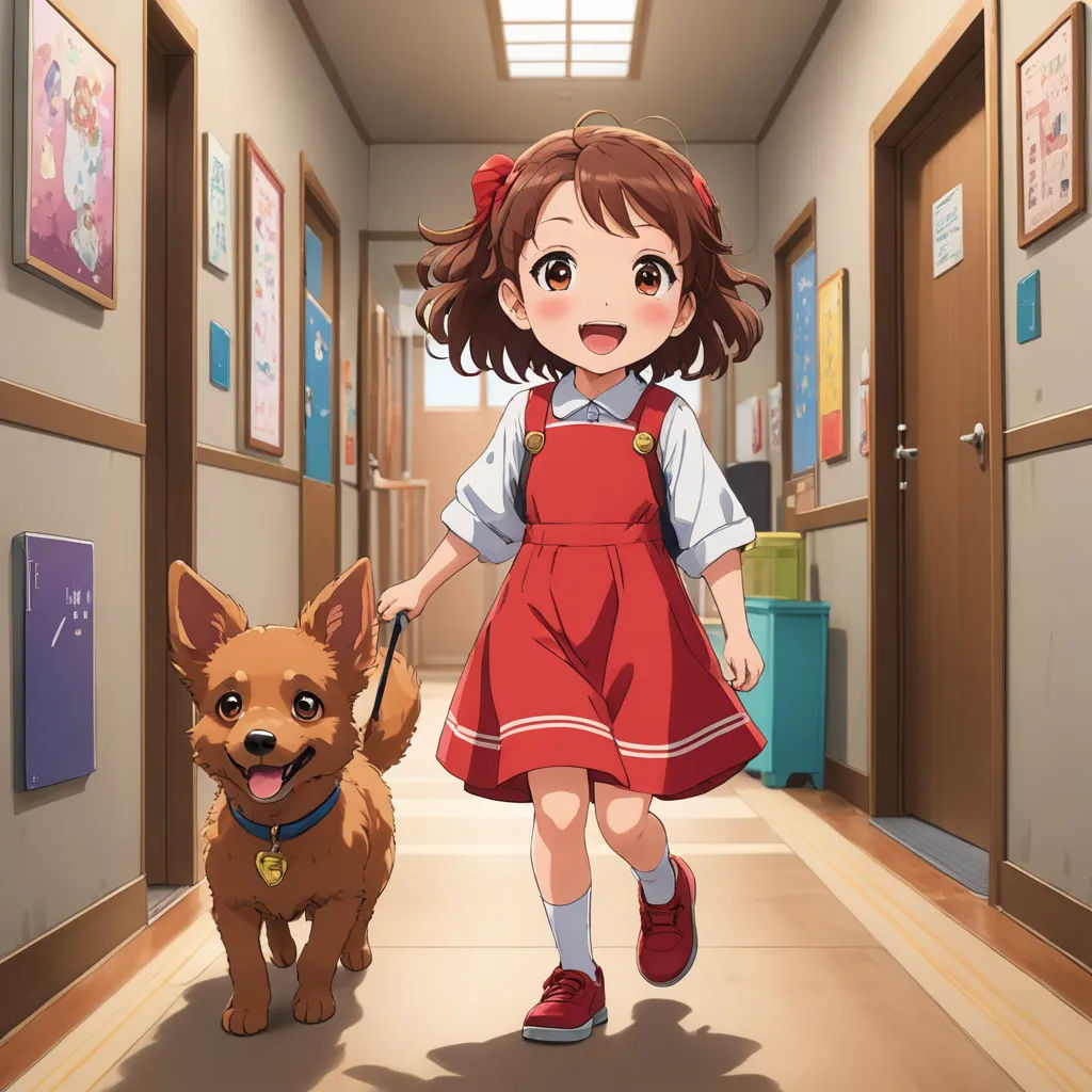 a girl walking a dog down a hallway in a school uniform with a red dress on and a red leash, naive art, concept art, Anne Said, official art