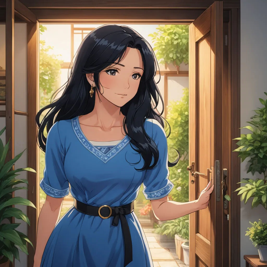 a woman in a blue dress is standing in a doorway with a plant in the background and a potted plant in the foreground, sots art, a character portrait, Ayako Rokkaku, official art