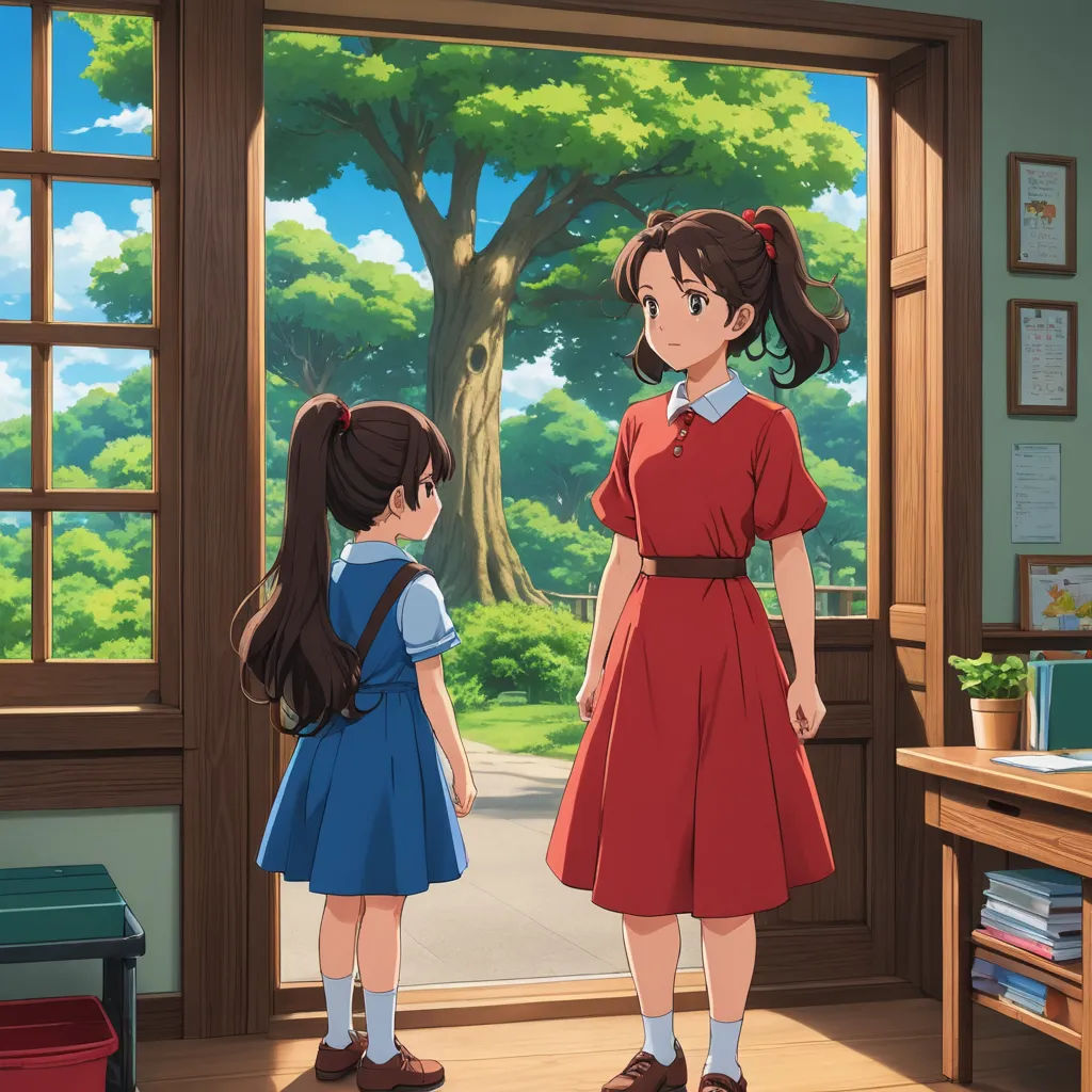 a girl and a girl standing in front of a window looking out at a tree and a road through the window, remodernism, a detailed matte painting, Anne Said, kyoto animation