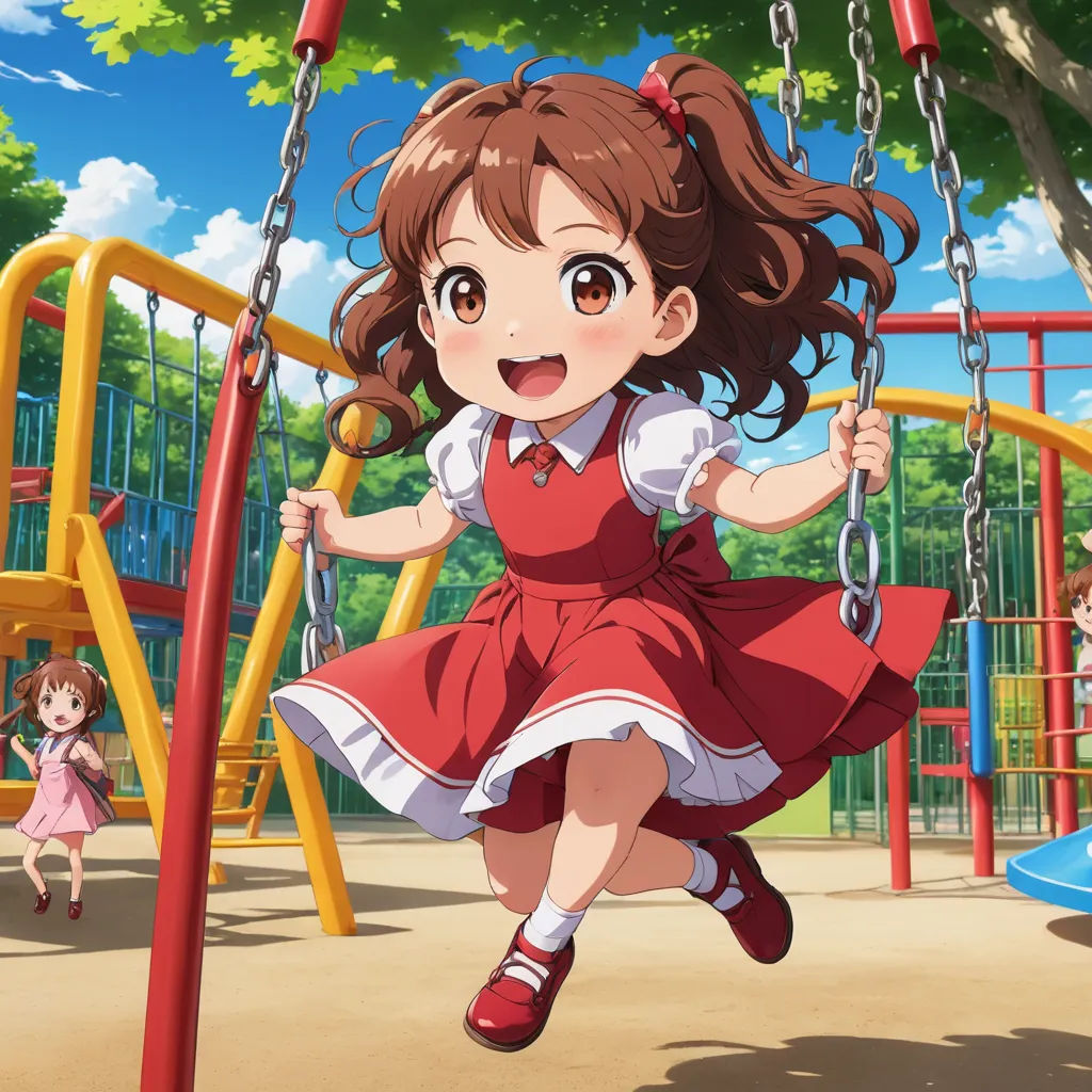 a girl in a red dress swinging on a swing set in a playground with a girl in a pink dress, rayonism, a stock photo, Clarice Beckett, official art