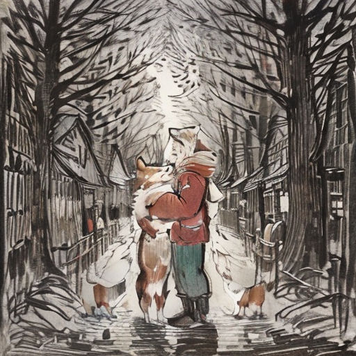 a man holding a dog in a snowy forest with other dogs nearby in the snow, and a person holding a dog in the snow