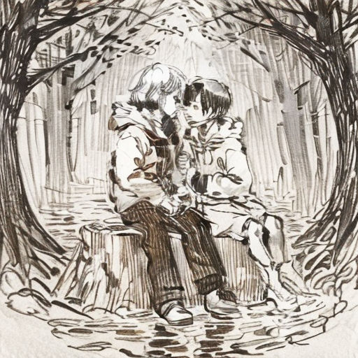 a drawing of two people sitting on a bench in the woods, one of them is kissing the other
