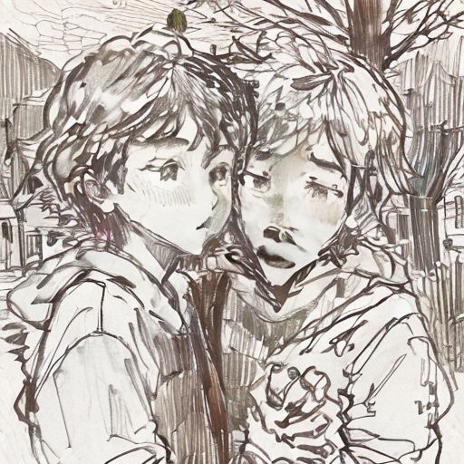 a drawing of two children sitting next to each other on a bench in the snow, one of them holding a tree